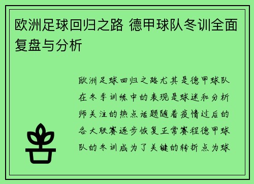 欧洲足球回归之路 德甲球队冬训全面复盘与分析