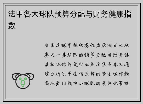 法甲各大球队预算分配与财务健康指数