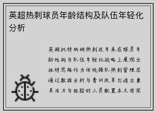 英超热刺球员年龄结构及队伍年轻化分析